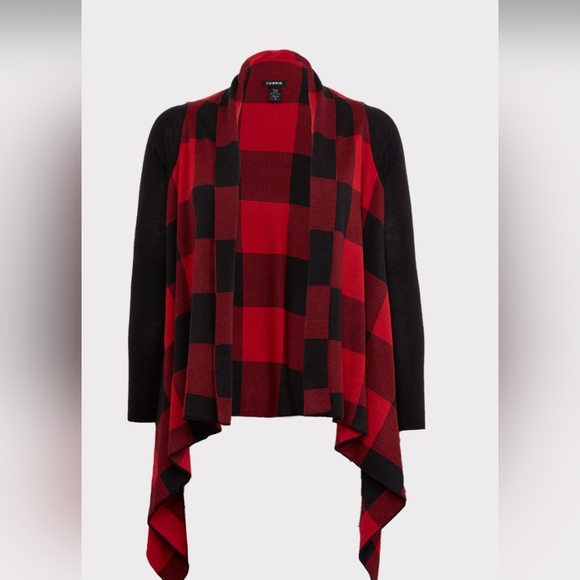 torrid Sweaters - Torrid Red Plaid Drape Cardigan